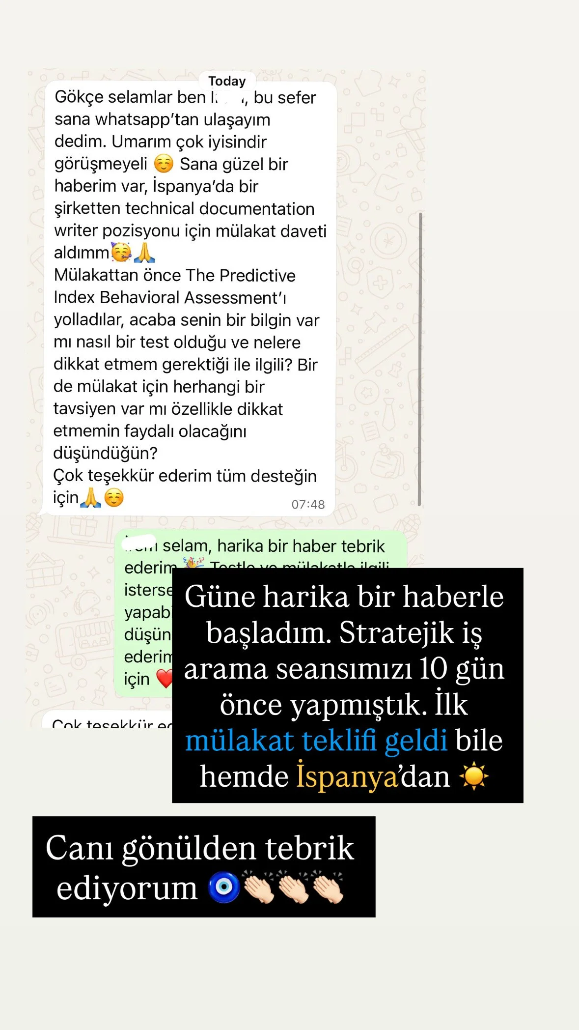 WhatsApp mesajları ve kutucuklar içinde iletişim ve haberleşme ile ilgili ifadeler. Altta vurgu ile yeni iş arama başarıları, İspanya ve duygu ifadeleri yer alıyor.