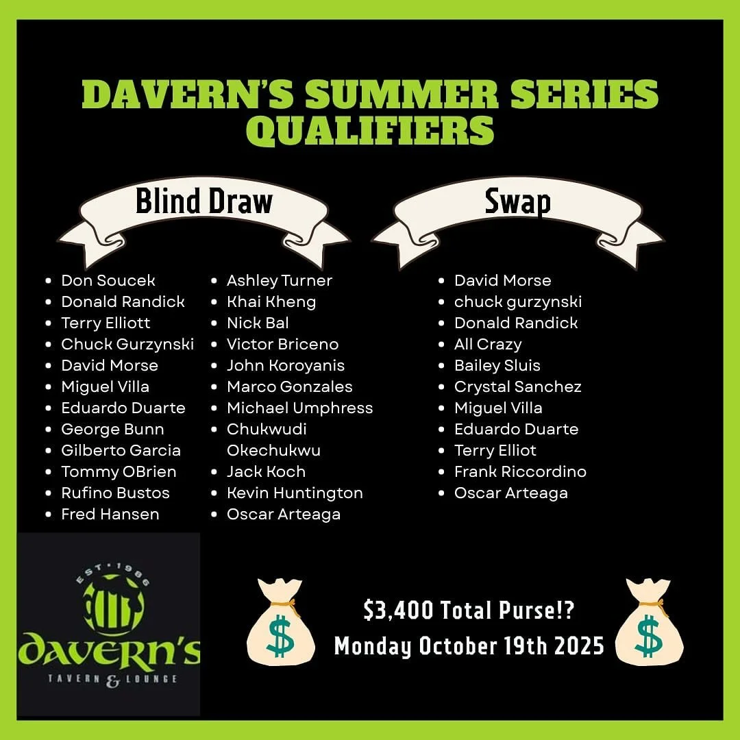 Tomorrow is the final Monday night blind draw at @davernstavern. Here at the players that get to play for free in the blind draw at swap winners singles tournament. If you&rsquo;re not qualified, we will still be running a separate $20 blind draw. Ta