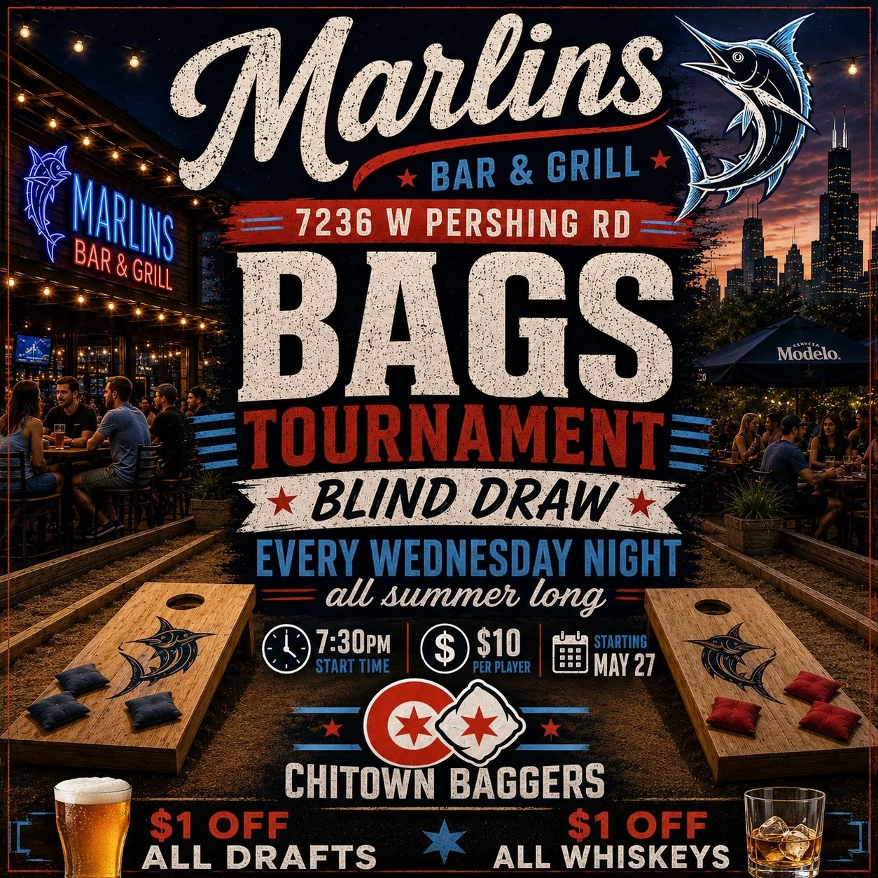 Bags weather is finally here and Wednesday nights just became that much better! Starting May 27 Chitown Baggers will be hosting a weekly blind draw at Marlins Bar and Grill! Come out and enjoy patio season with us every Wednesday all summer long! #Co