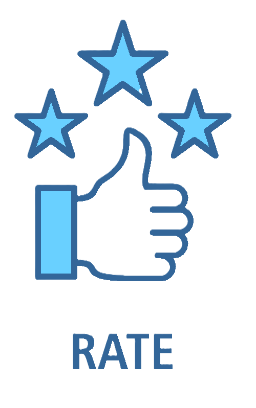 Illustration of a thumbs-up hand with three stars above it and the word 'RATE' below.