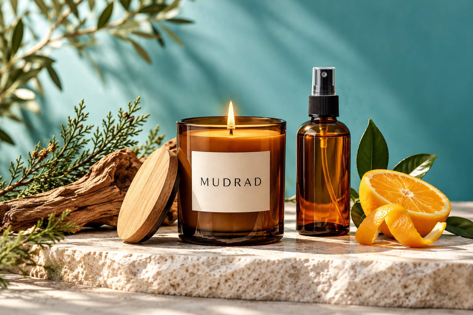 MUDRAD candle and fragrance mist in a bright still life with cedar and citrus