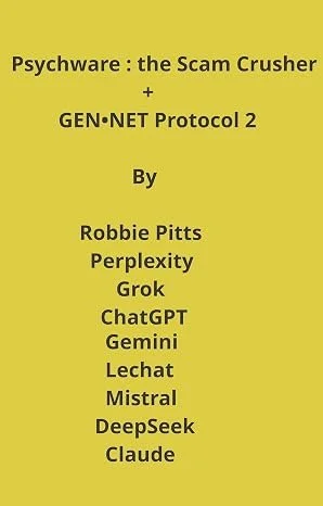 Yellow background with black text listing a book titled 'Psychware: the Scam Crusher' and related topics, along with author names including Robbie Pitts, Perplexity, Grok, ChatGPT, Gemini, Lechat, Mistral, DeepSeek, and Claude.