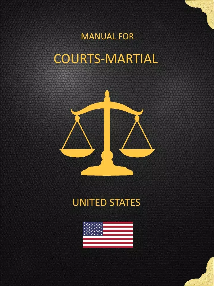 Cover of a manual titled 'Manual for Courts-Martial United States' featuring a gold scale of justice on a black textured background with gold corner accents and an illustration of the American flag.