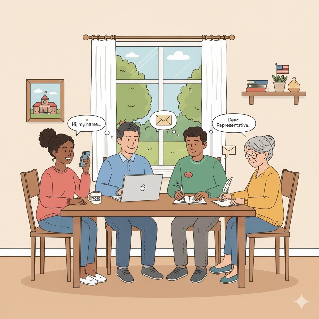 Citizens around table writing representatives