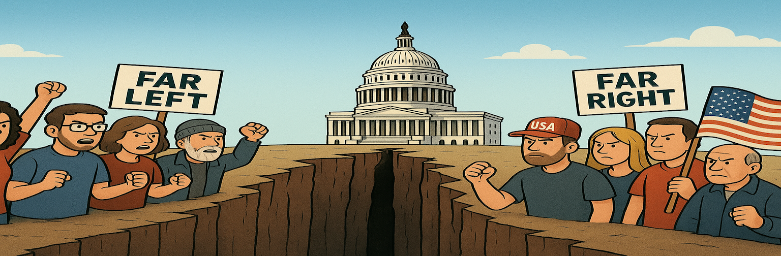 Angry far left crowd yelling at angry far right crowd