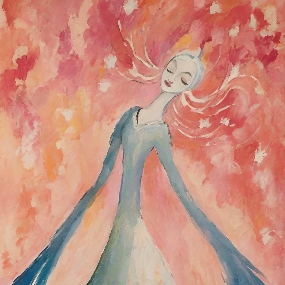 A stylized portrait of a woman with closed eyes, long flowing hair blending into a pink, orange, and peach abstract background, painted in an impressionistic style.