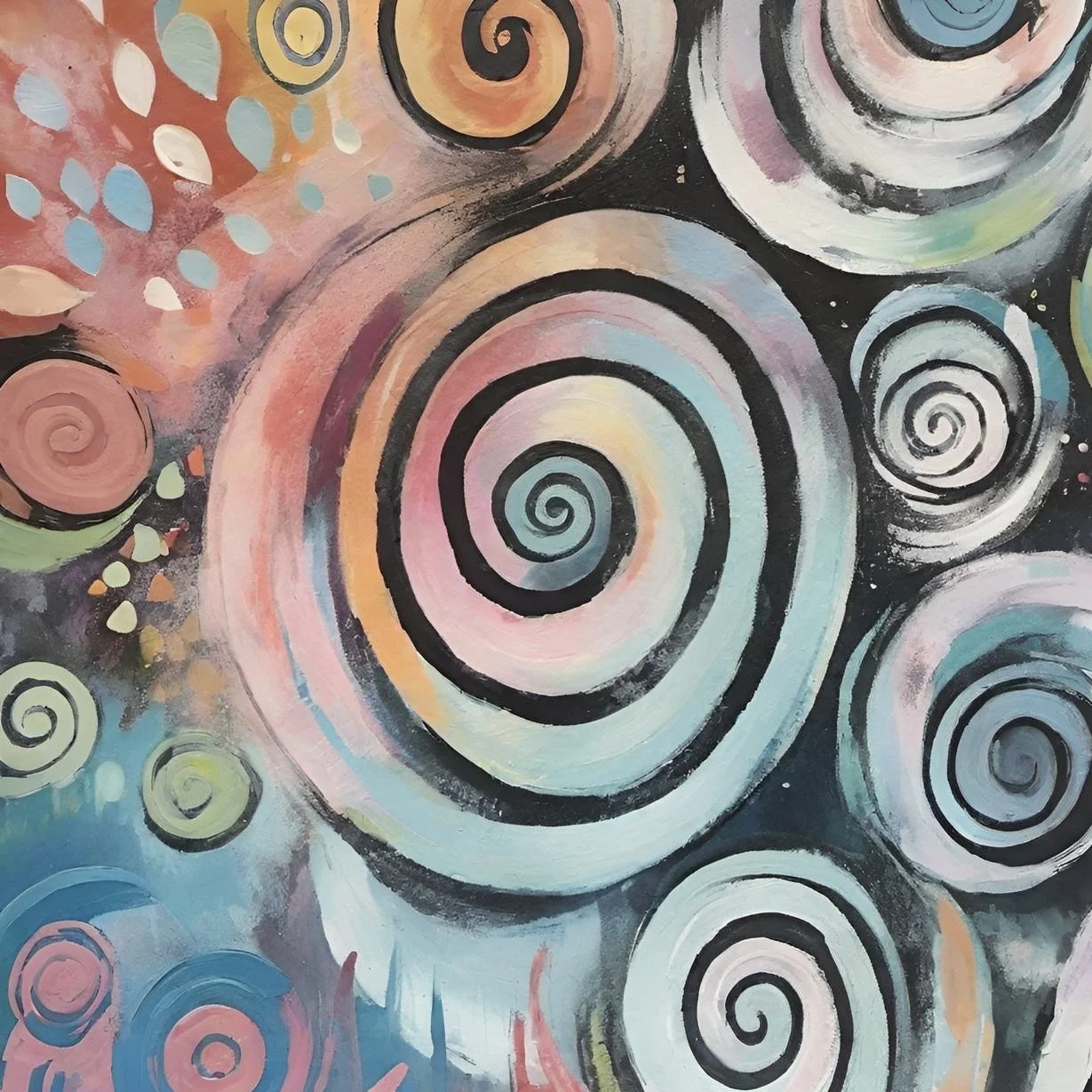 Colorful painting featuring various-sized spirals in pastel shades of pink, blue, green, and peach on a dark background.