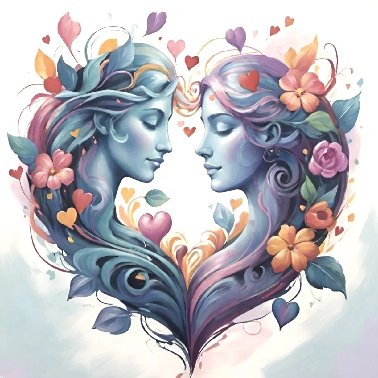 Two illustrated women with flowing hair and closed eyes facing each other, surrounded by flowers, hearts, and leaves, forming a heart shape.