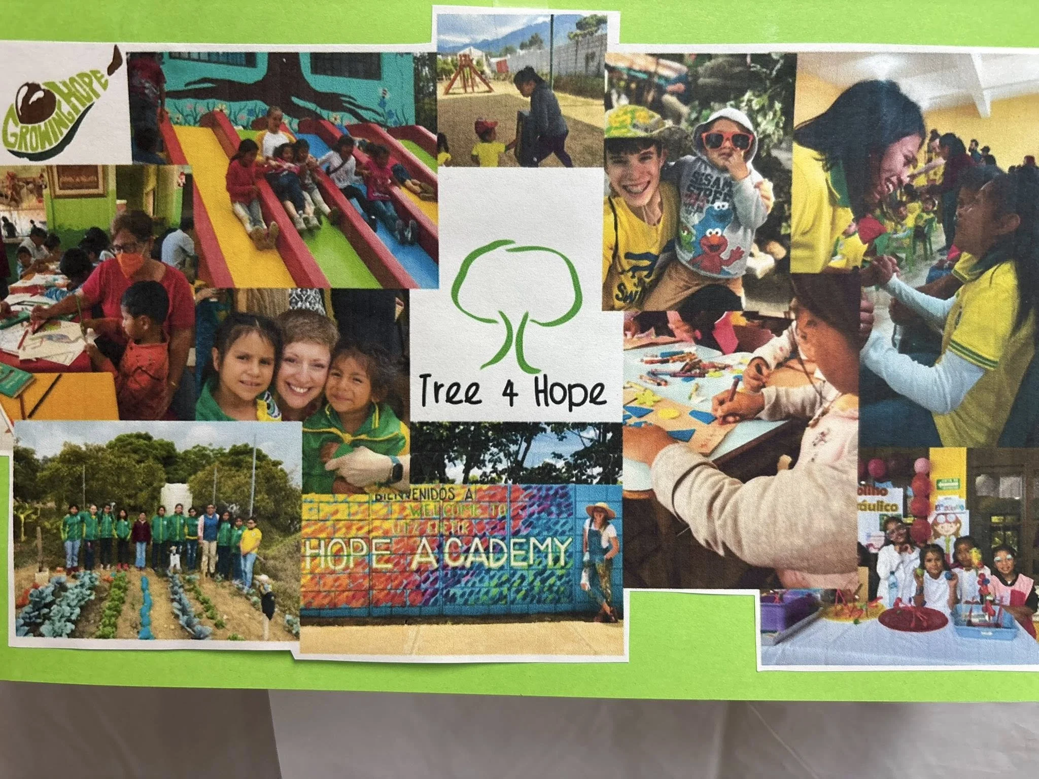 Collage of photos from a community event called Tree4Hope, featuring children and adults participating in outdoor activities, arts and crafts, planting trees, and celebrating.