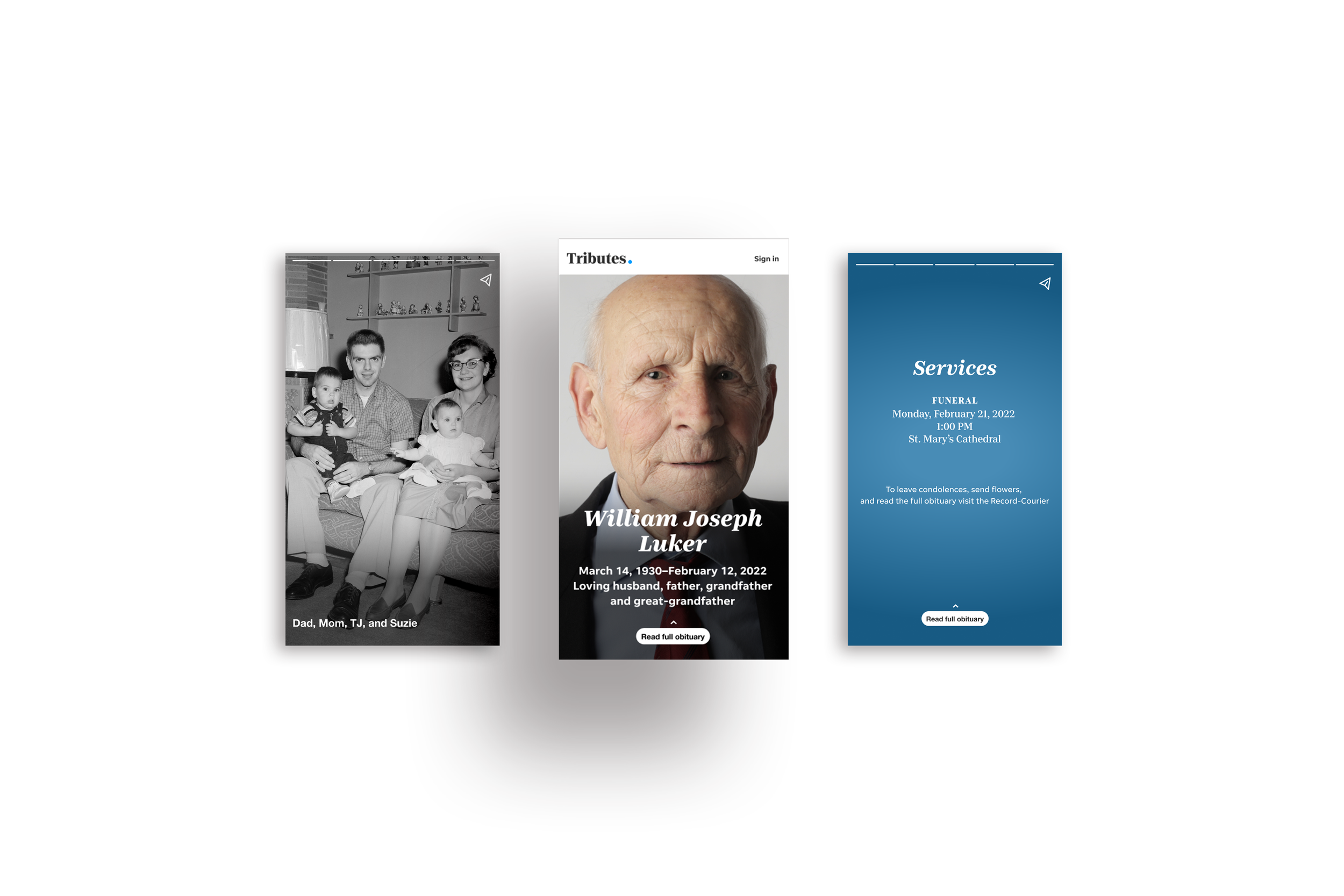screenshot of mobile concept for a quick obituary