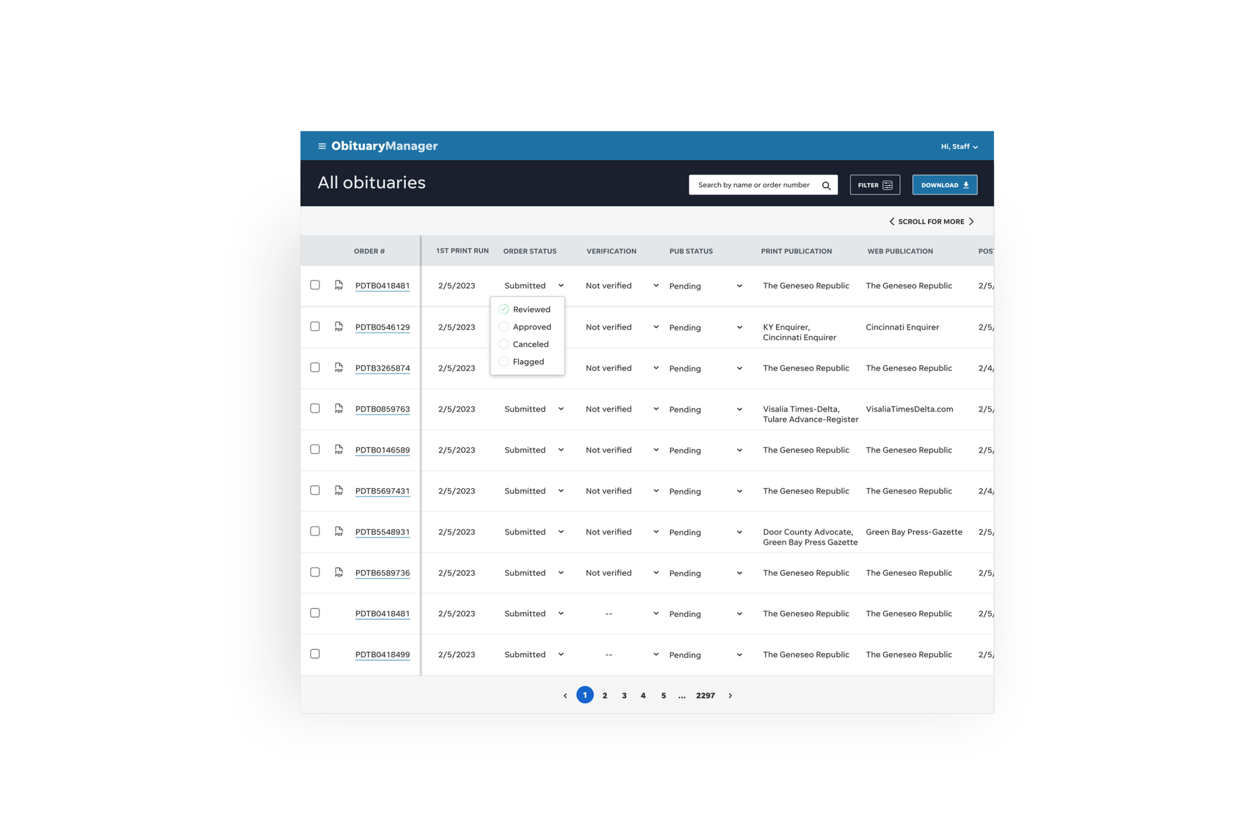 screenshot of the obit staff management view
