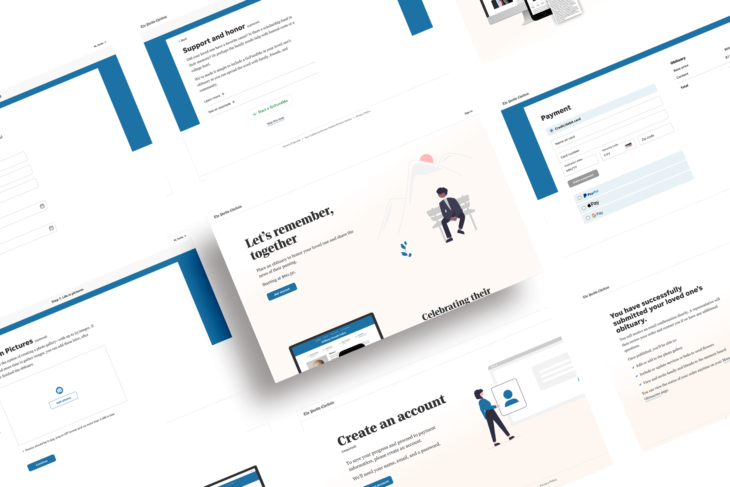 Screenshots of the obituary submission flow