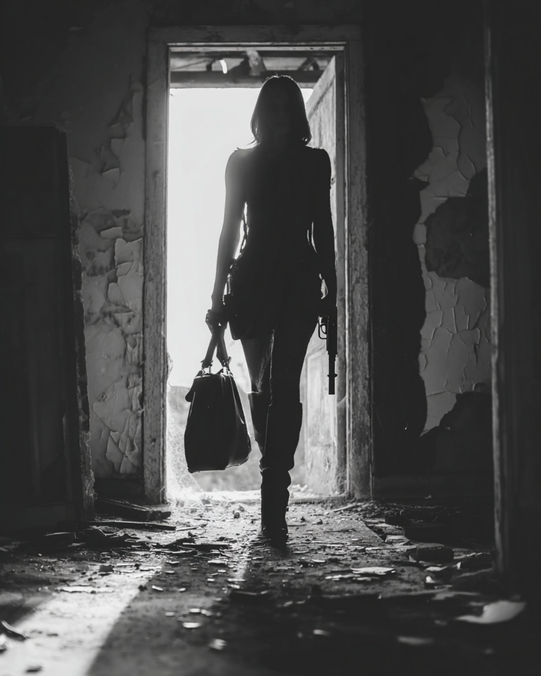 Silhouette of a woman holding a bag and a handgun, walking out of a dilapidated building with textured walls and broken floor, backlit by bright light outside.