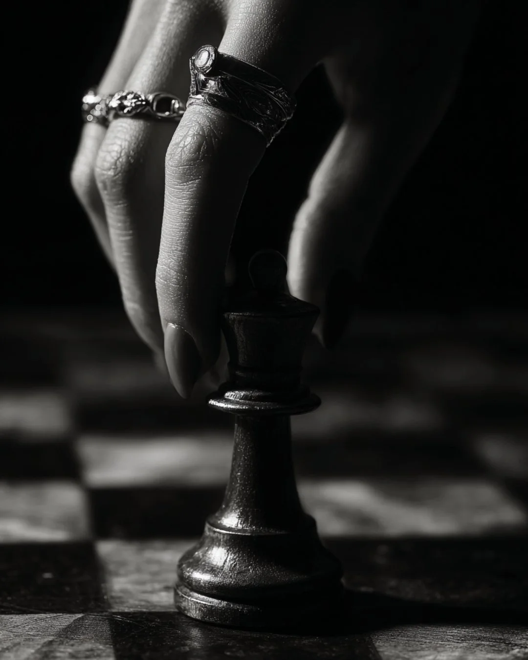 Close-up of a hand with rings moving a black king chess piece on a chessboard in low light.