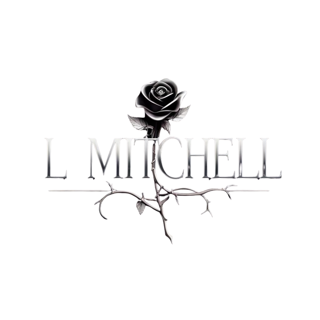 Black background with a silver rose and thorny stem above the text 'L MITCHELL' in metallic font.