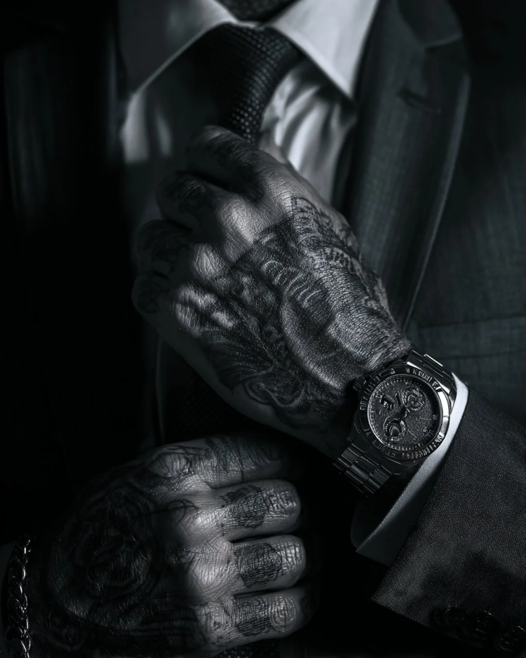 Close-up of a man dressed in a suit, adjusting his tie, wearing a large black watch, with detailed tattoos on his hands, and a dark background.