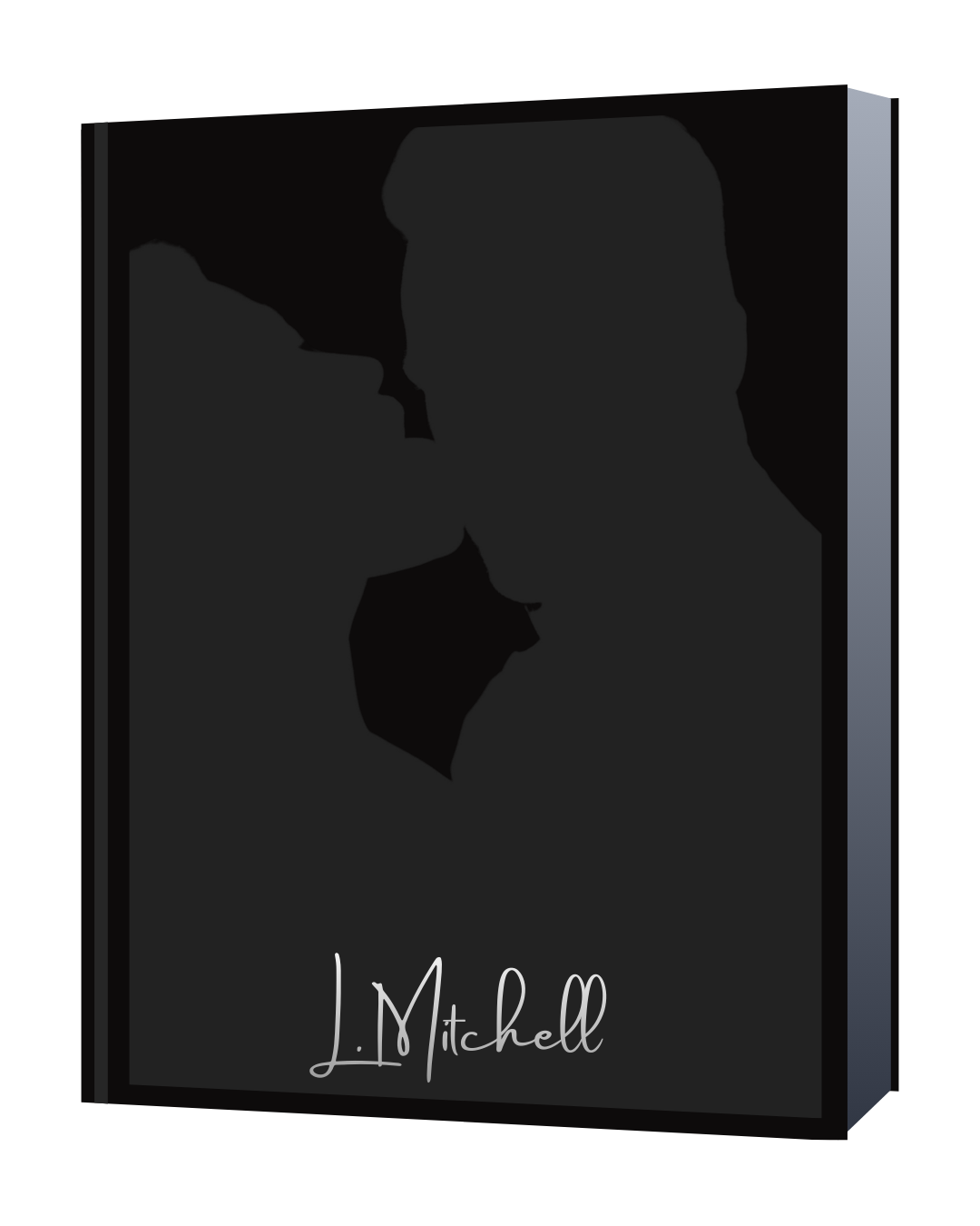 Book cover with a black background showing two silhouettes of a man and a woman facing each other and about to kiss, with the author's name, L. Mitchell, at the bottom.