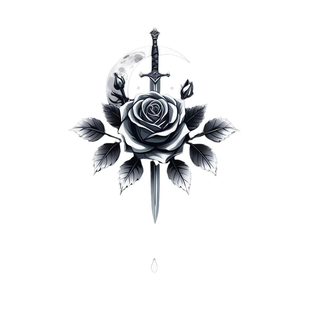 A black and white tattoo-style illustration of a rose with a dagger through it, moon in the background, and a single tear drop at the bottom.