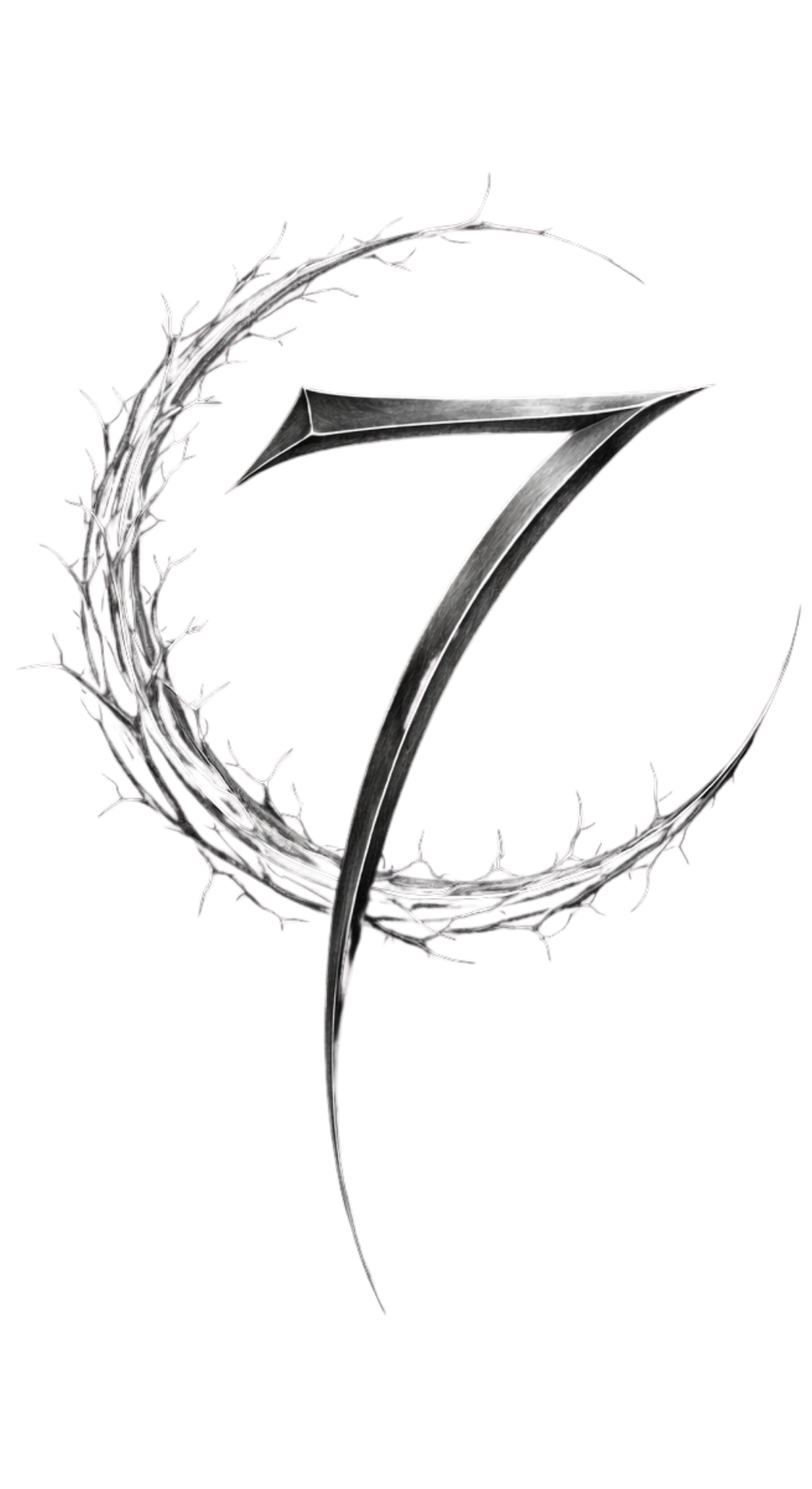 A metallic number 7 intertwined with a dark metallic thorns circle, with a black background.