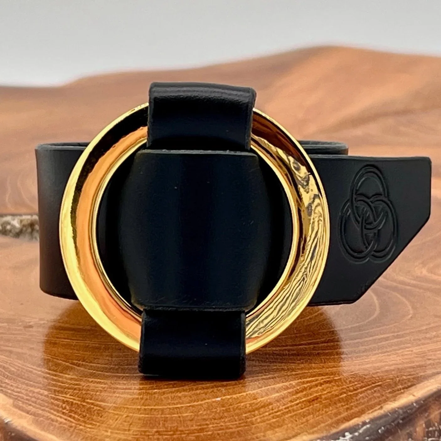 Black Leather Cuff - Polished Brass