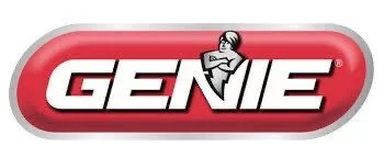 Garage Door Brand The Genie logo with a red oval background, white and black text, and a genie lamp illustration.