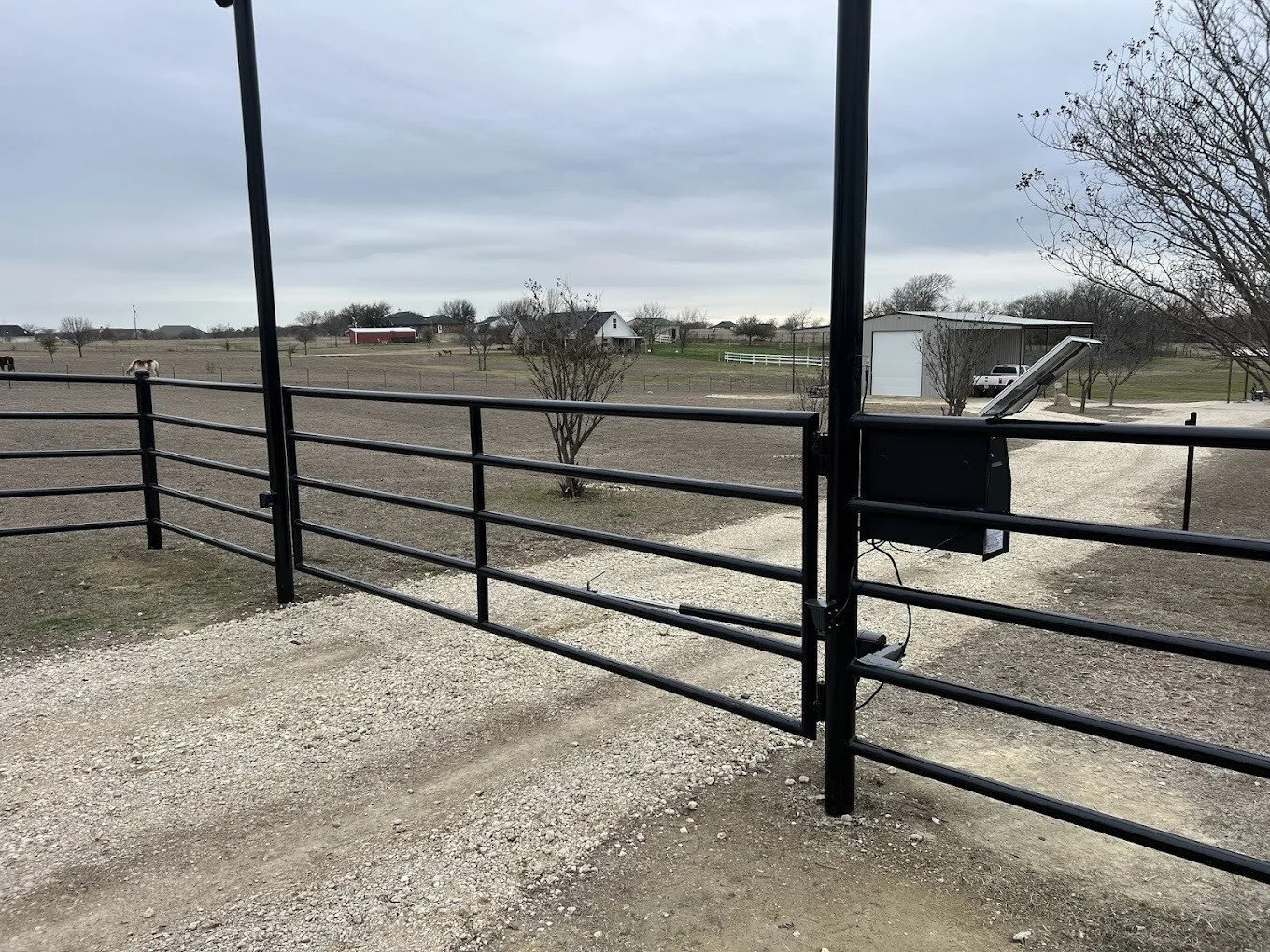 View of a rural farm landscape with a black metal gate in the foreground, open, with an automated gate opener attached. In the background, there are farm buildings, trees, and a cloudy sky.