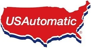 Garage Door Brand Logo of US Automatic featuring a red, white, and blue outline of the United States with the company name in white text.