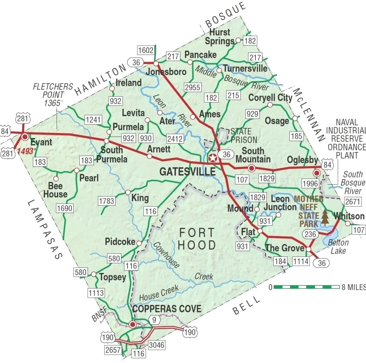 Map of Gatesville, Texas, showing roads, highways, towns, and parks in the area.