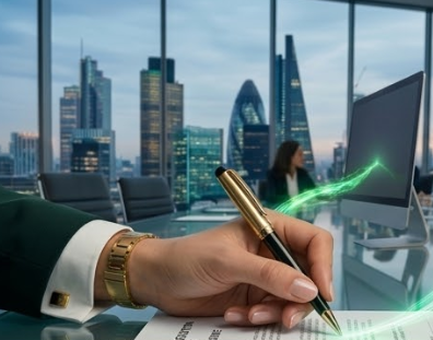 A digital rendering of a modern high-rise building with holographic digital data overlays in a bright room with large windows.