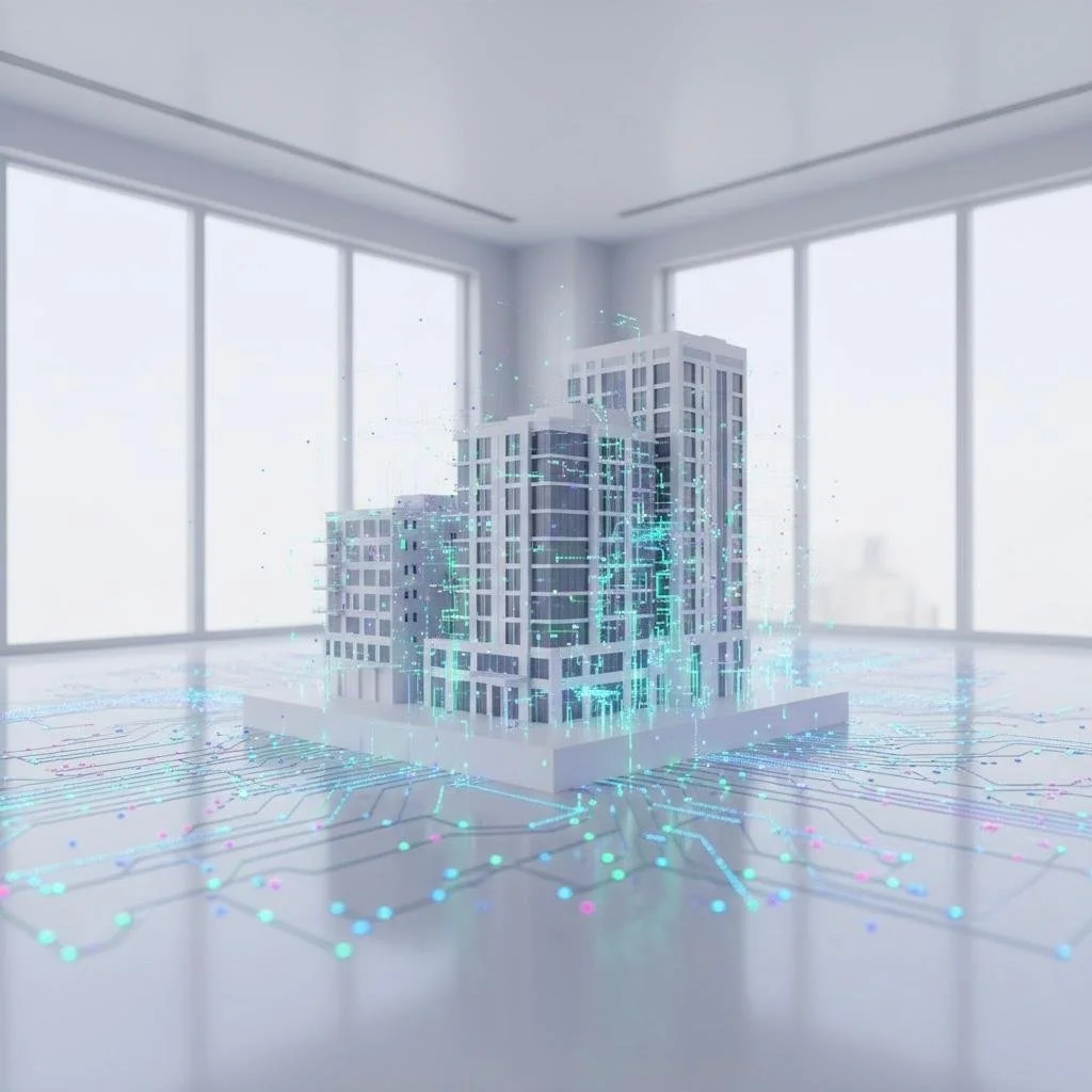 A digital rendering of a modern high-rise building with holographic digital data overlays in a bright room with large windows.