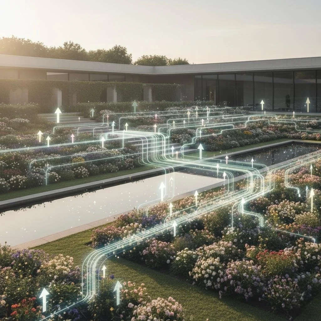 Modern building with outdoor garden featuring flowers and reflecting pool, overlaid with digital graphics of glowing lines and arrows indicating data flow or connectivity.