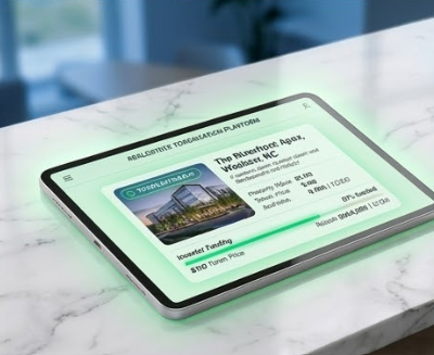 Modern building with outdoor garden featuring flowers and reflecting pool, overlaid with digital graphics of glowing lines and arrows indicating data flow or connectivity.