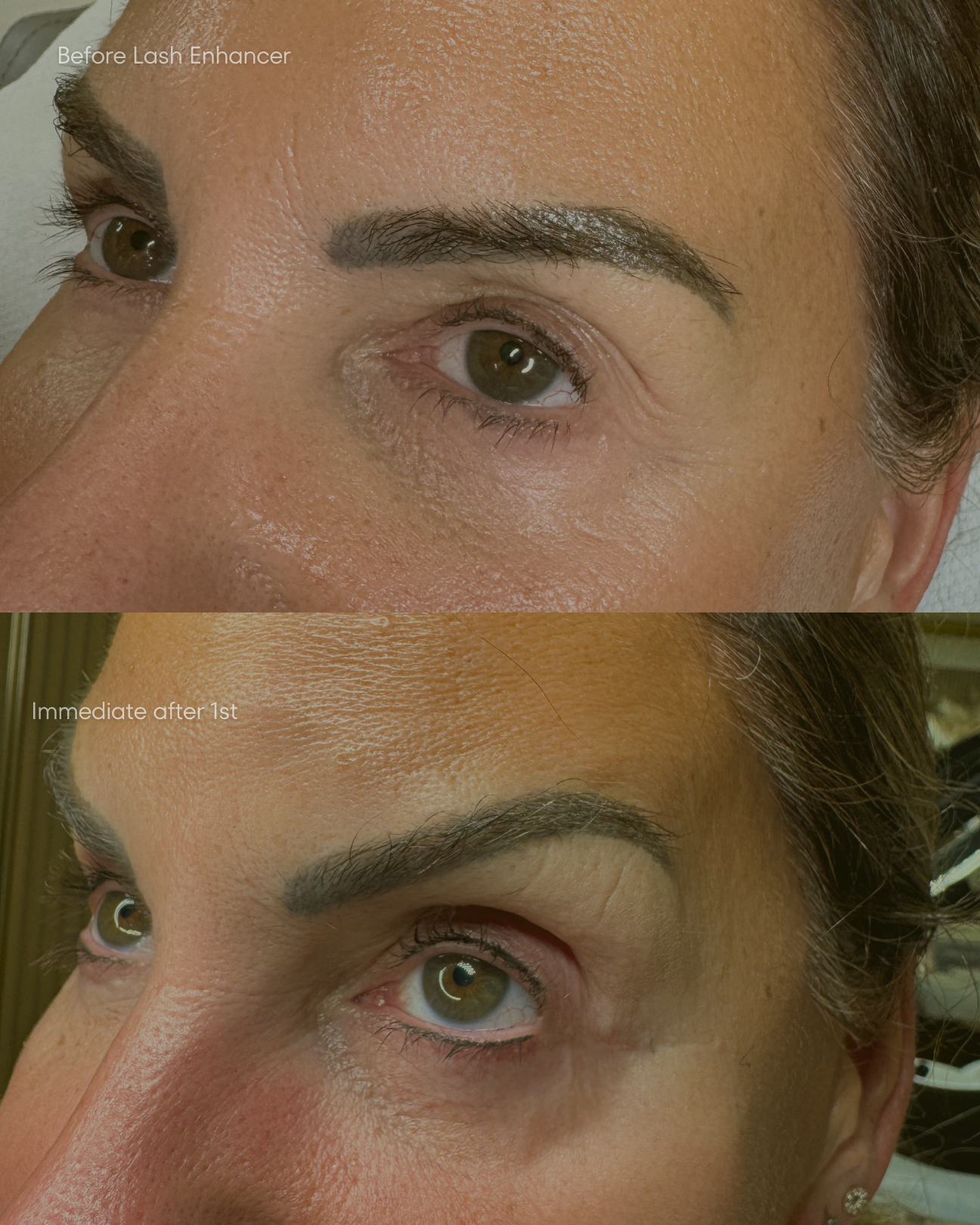Close-up of a woman's eye before and after lash enhancer treatment, done by Elite PMU London