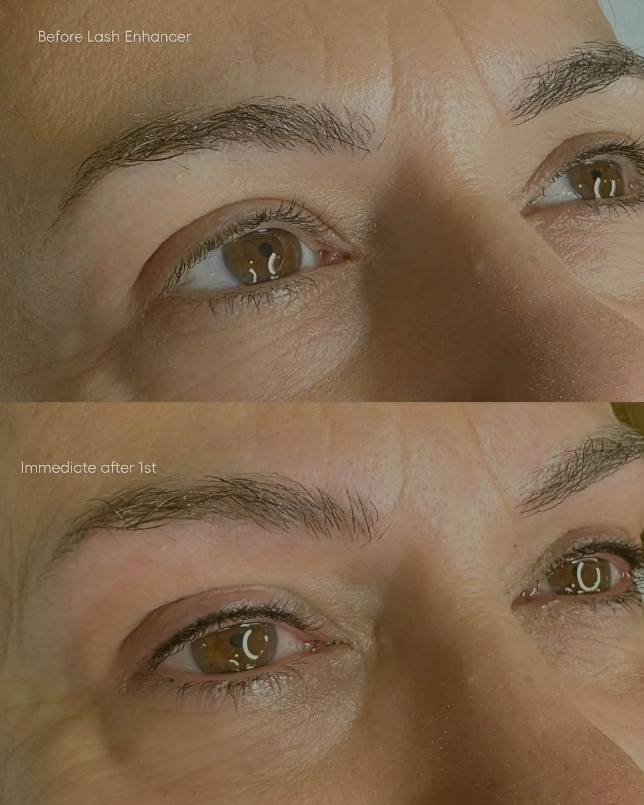 Comparison of a woman's eyes before and immediately after lash enhancer treatment at Elite PMU London.
