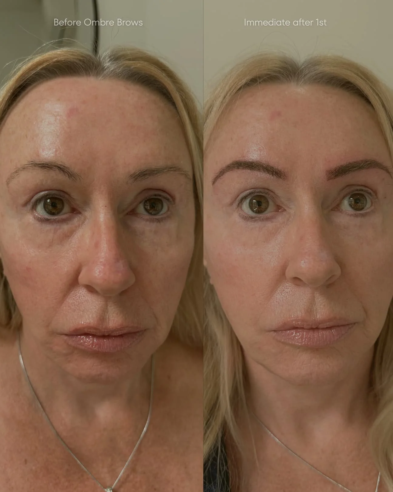 Correction of vertically not aligned brows using powder brows technique.