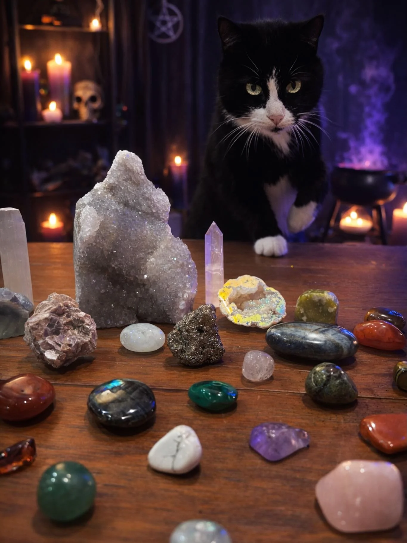 Just a little feline supervision while the crystals recharge 🐾✨
Cats have one paw in our world and one in the spiritual realm&mdash;mine takes his energy work very seriously. 😼🔮

Ps) background is AI generated ✌🏼

#CrystalCat #FelineEnergy #Witch