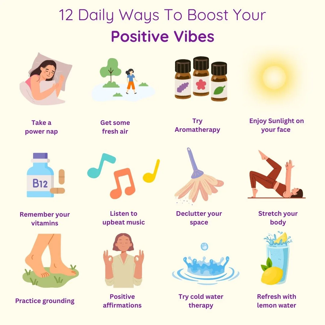 Feeling low vibes or energy? Here are 12 simple, everyday ways to give yourself a boost and lift your mood. ✨💛 

Try one... try them all! 

Save this post &amp; share with someone who needs a boost. 💫

#PositiveEnergy #EnergyBoost #GoodVibesOnly #S