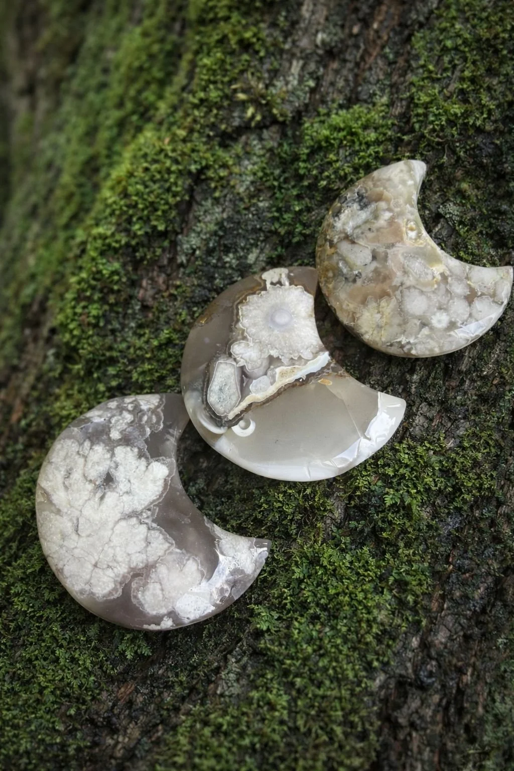 Flower Agate Moon Hand-Carved Crystal