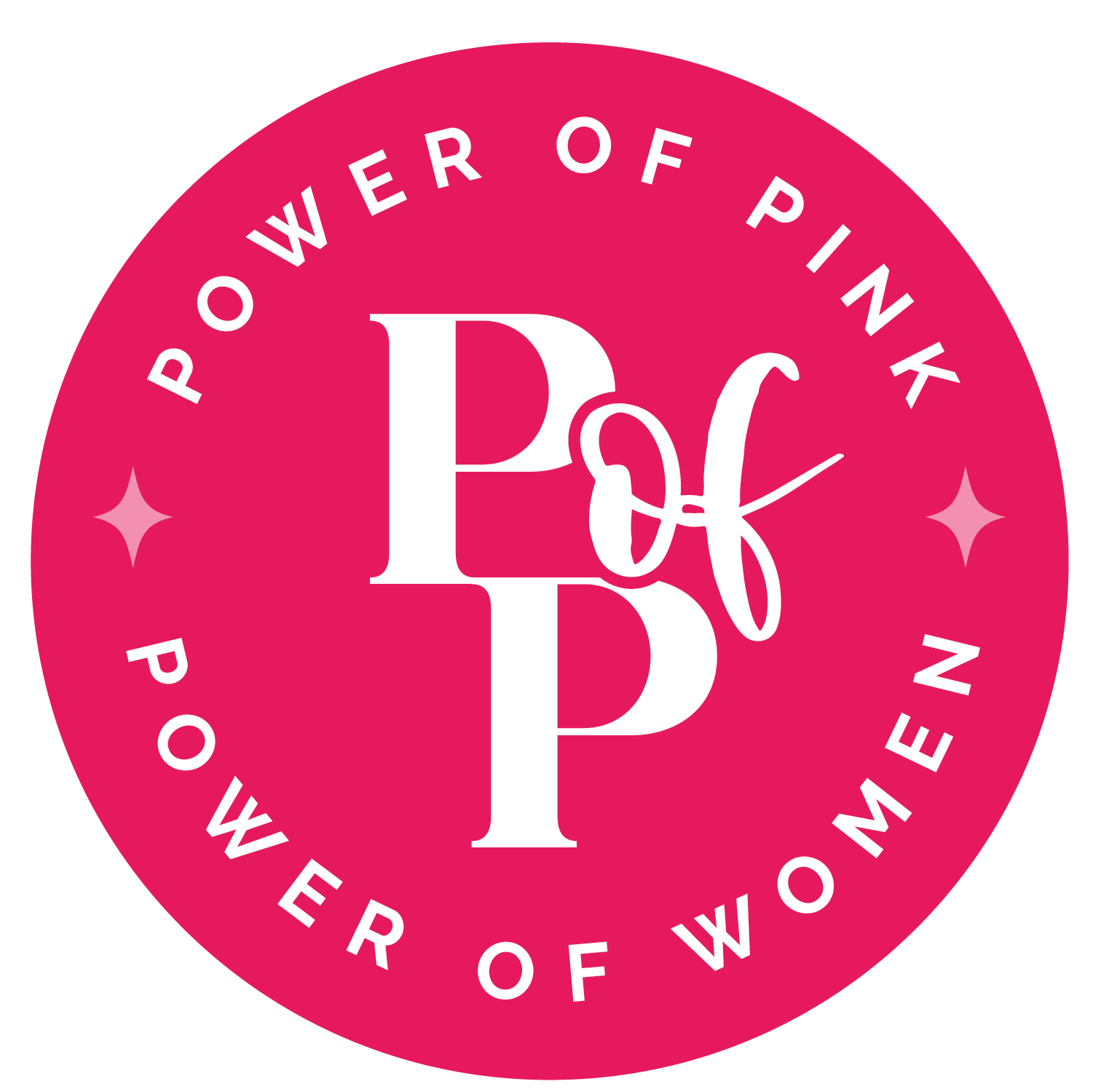 Pink circular logo with white text reading 'Power of Pink' and 'Power of Women', and stylized initials 'PoP' in the center.