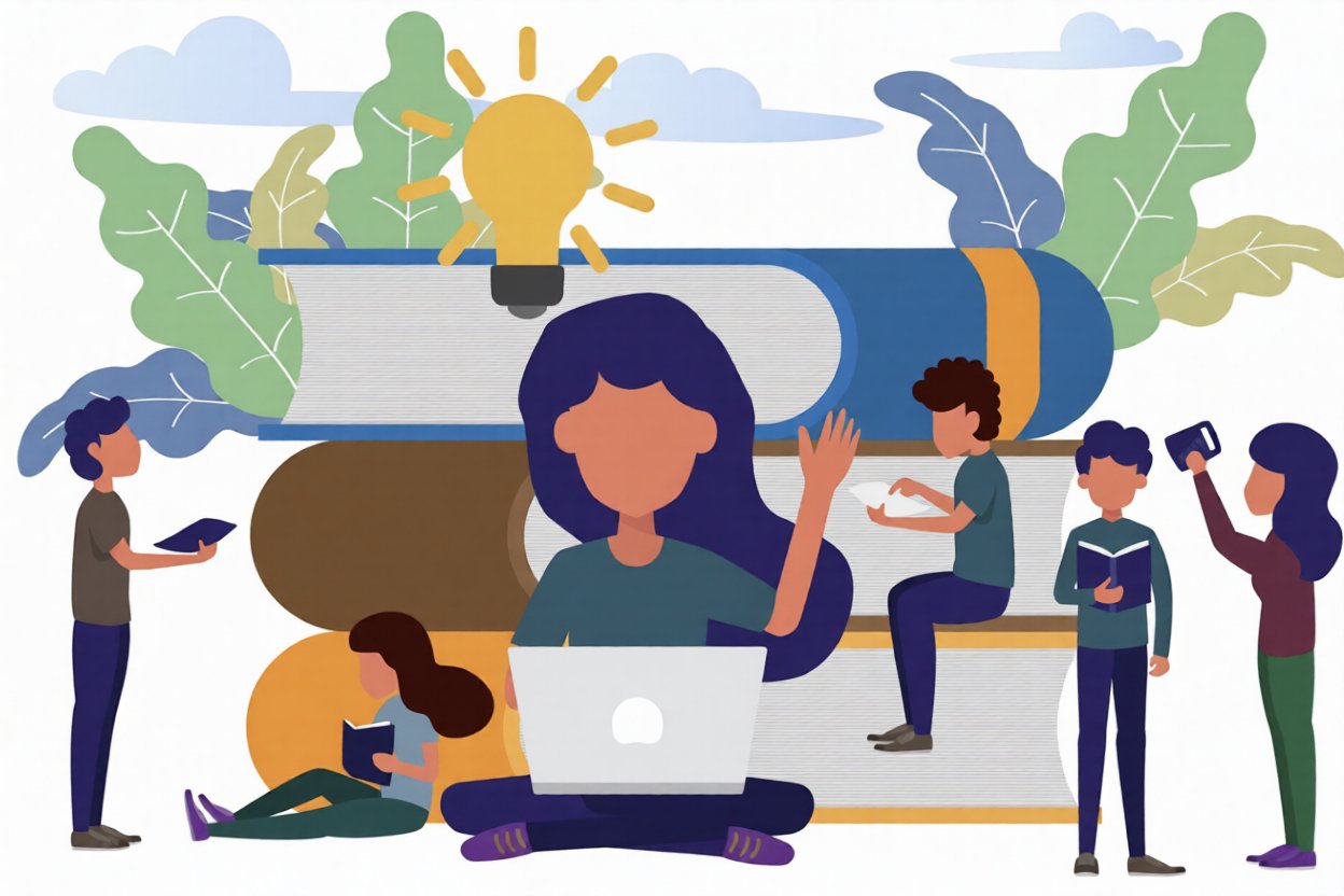 Illustration of a girl with a laptop surrounded by children reading books and using devices, with a large open book, leaves, clouds, and a light bulb in the background.