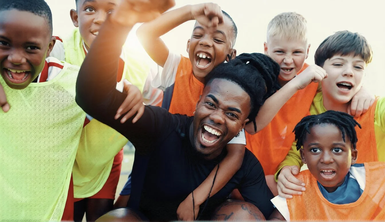 Group of kids in colorful sports bibs smiling and celebrating with a coach or adult, on a sports field during daytime.