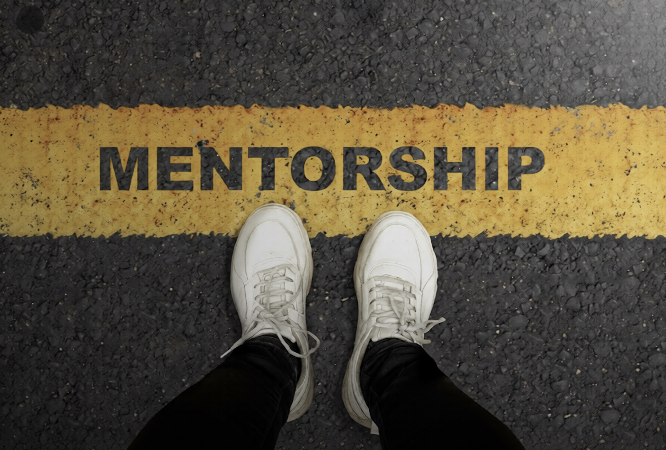 Person standing on a parking lot with white sneakers and black pants, looking down at the yellow painted line that says 'MENTORSHIP'.
