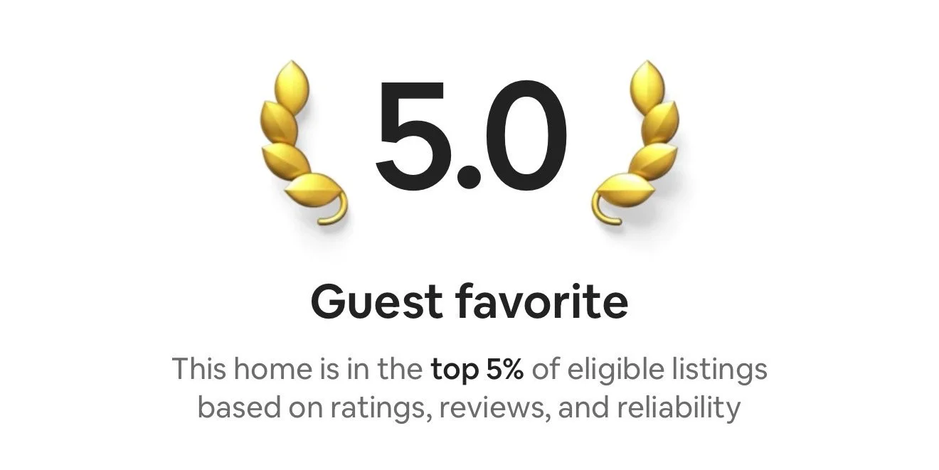Graphic with gold laurel branches and the text '5.0 Guest favorite' indicating the home is in the top 5% of eligible listings based on ratings, reviews, and reliability.