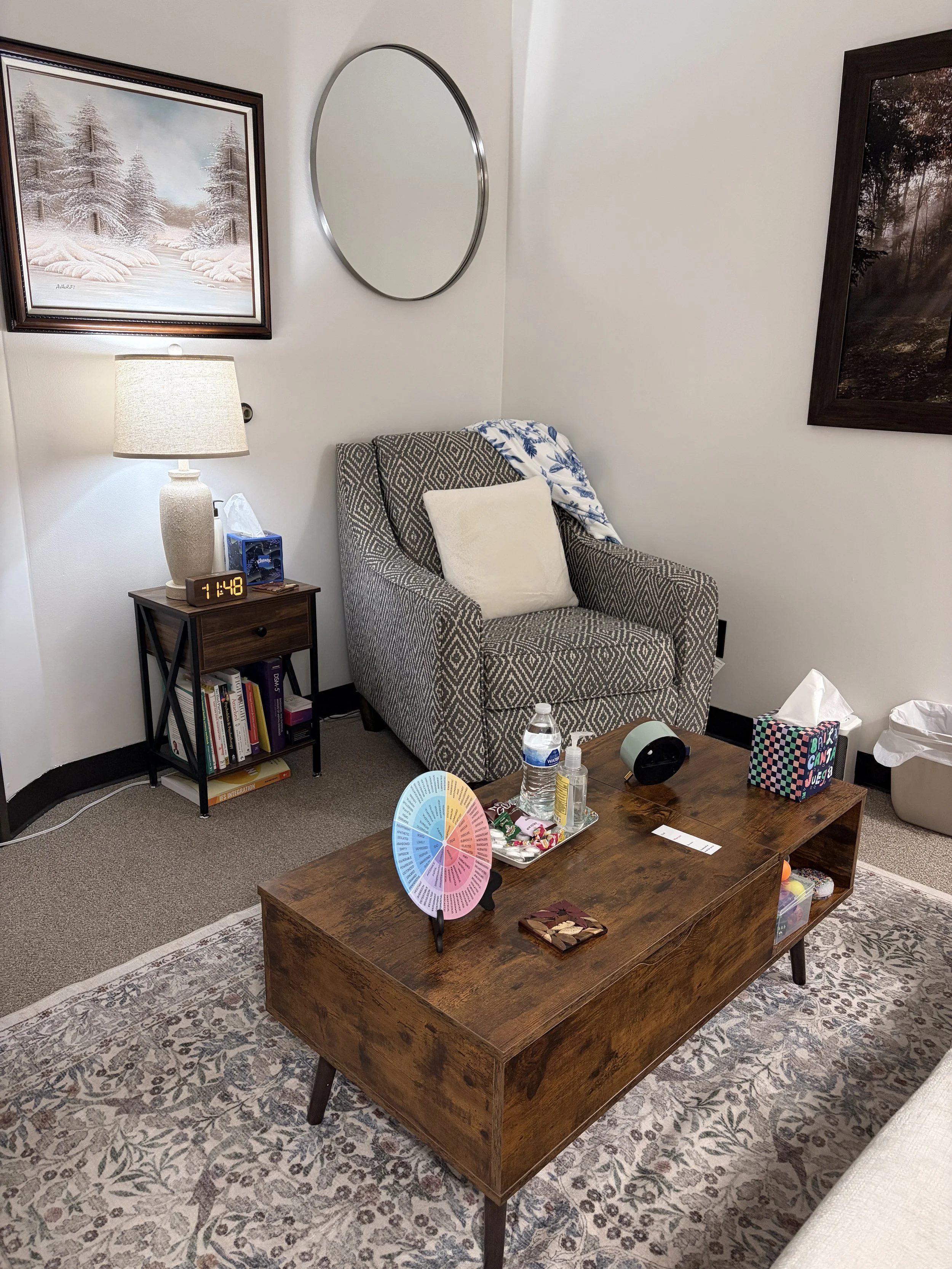 A cozy living room with a beige sofa, patterned pillows, a wooden coffee table, an armchair with a geometric design, wall art including a forest scene and a mirror, a side table with a lamp and tissue box, and a patterned rug.