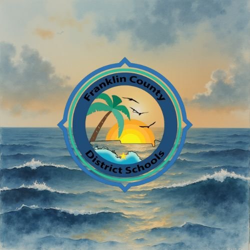 Franklin County District Schools logo with a sunset, palm tree, and birds over the ocean.