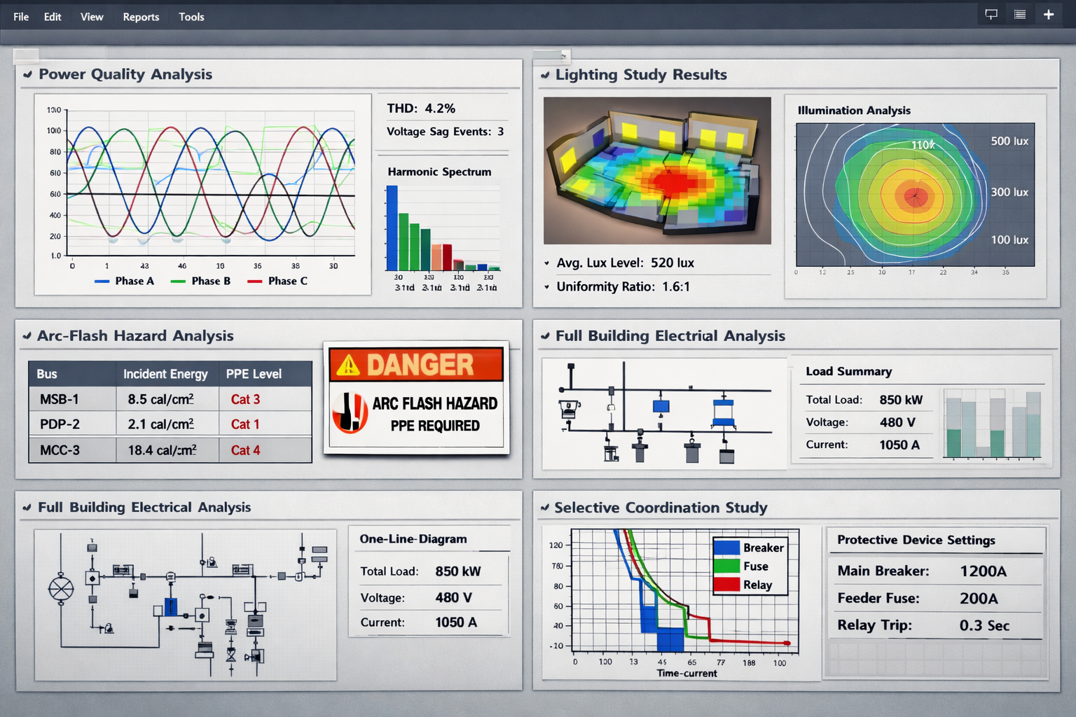 A detailed electrical analysis dashboard displaying various charts, graphs, and data tables related to power quality, lighting, arc-flash hazard, and electrical systems in a building.