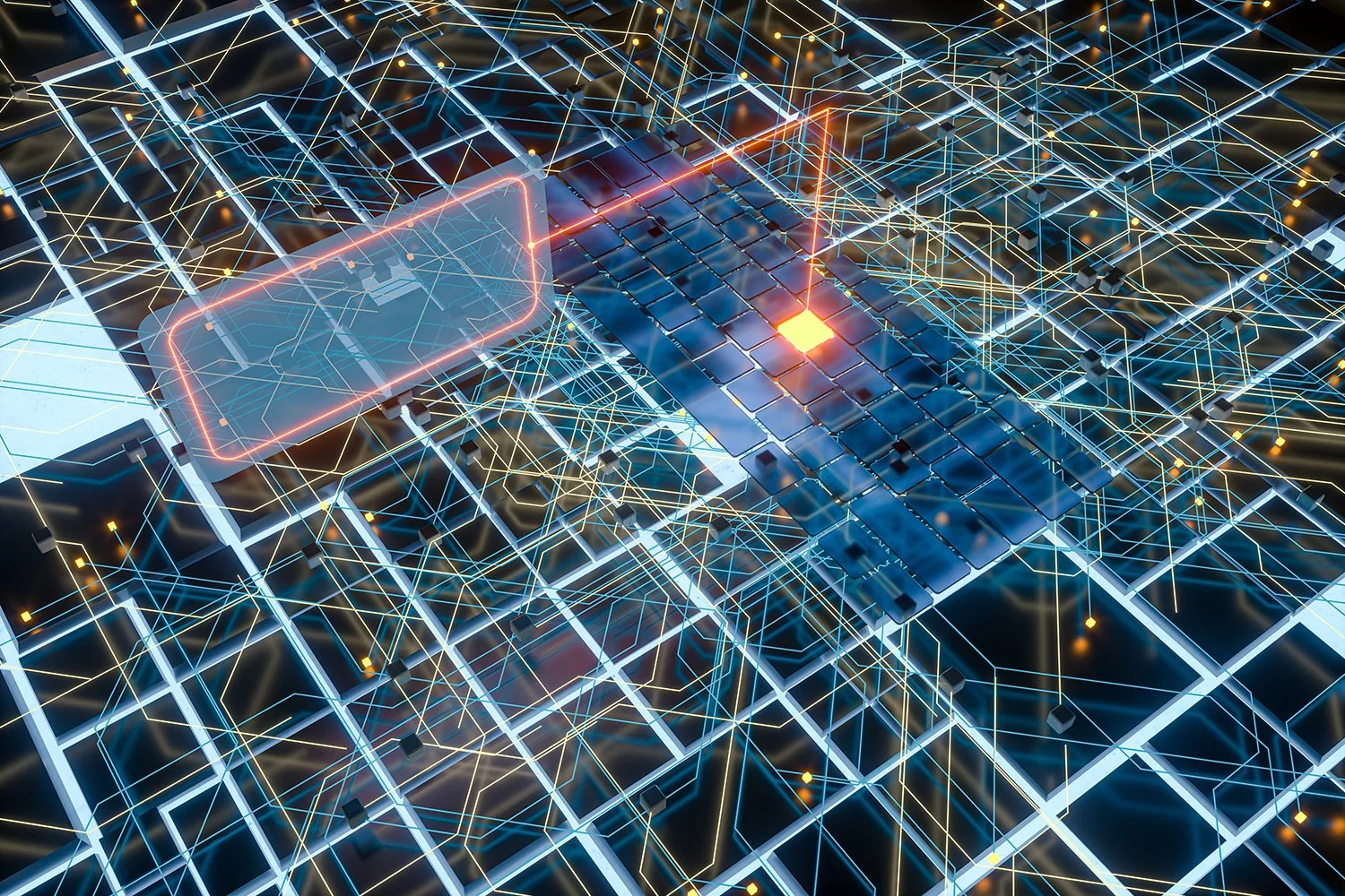 Futuristic digital network with interconnected glowing lines, squares, and a grid, featuring a bright red square and holographic display.