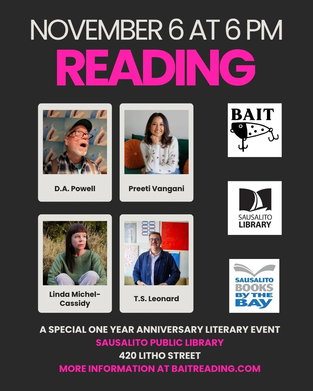 November 6 BAIT Reading at Sausalito Public Library