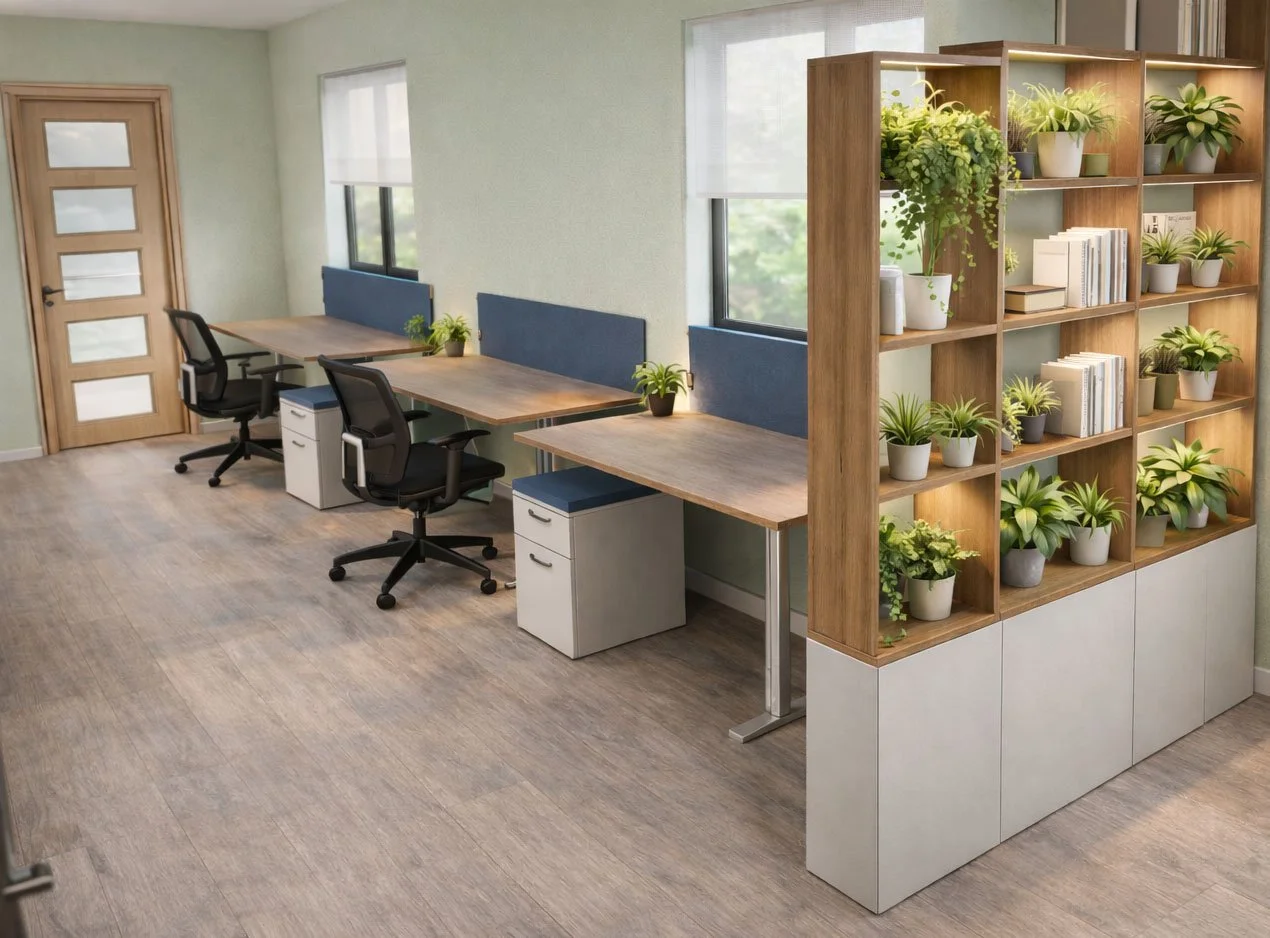 Office with three work desks, black chairs, and a wooden bookshelf filled with potted plants and books.