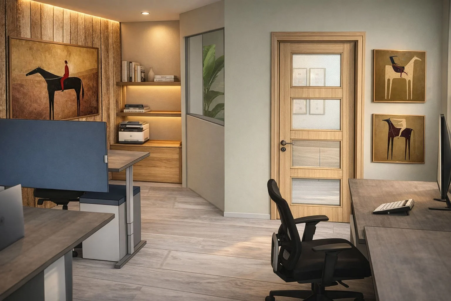 A modern office with desks, black office chairs, paintings of horses and riders, wooden accents, and a glass-paneled door.